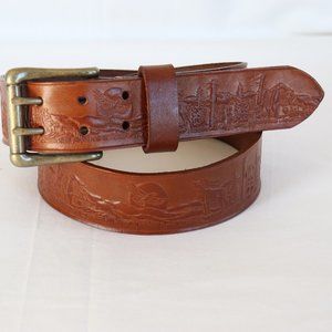 33" Handmade brown 100% cowhide embossed leather belt solid double hole buckle X
